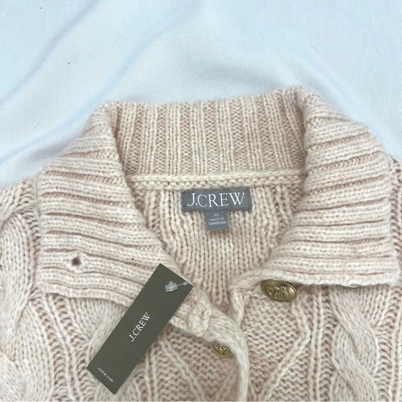 J. Crew Cable Knit Cream Button Front Turtleneck Fold Collar Cardigan Sweater - Picture 4 of 6